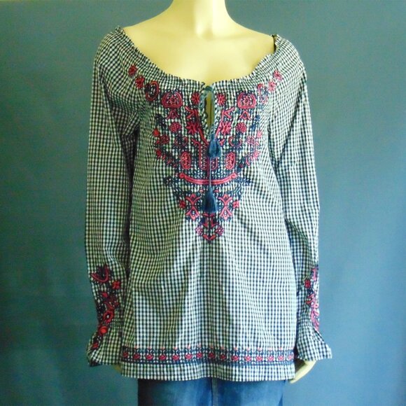 3J Workshop Johnny Was Navy Check Pink Floral Embroidery Off Shoulder Top Sm - Picture 2 of 12